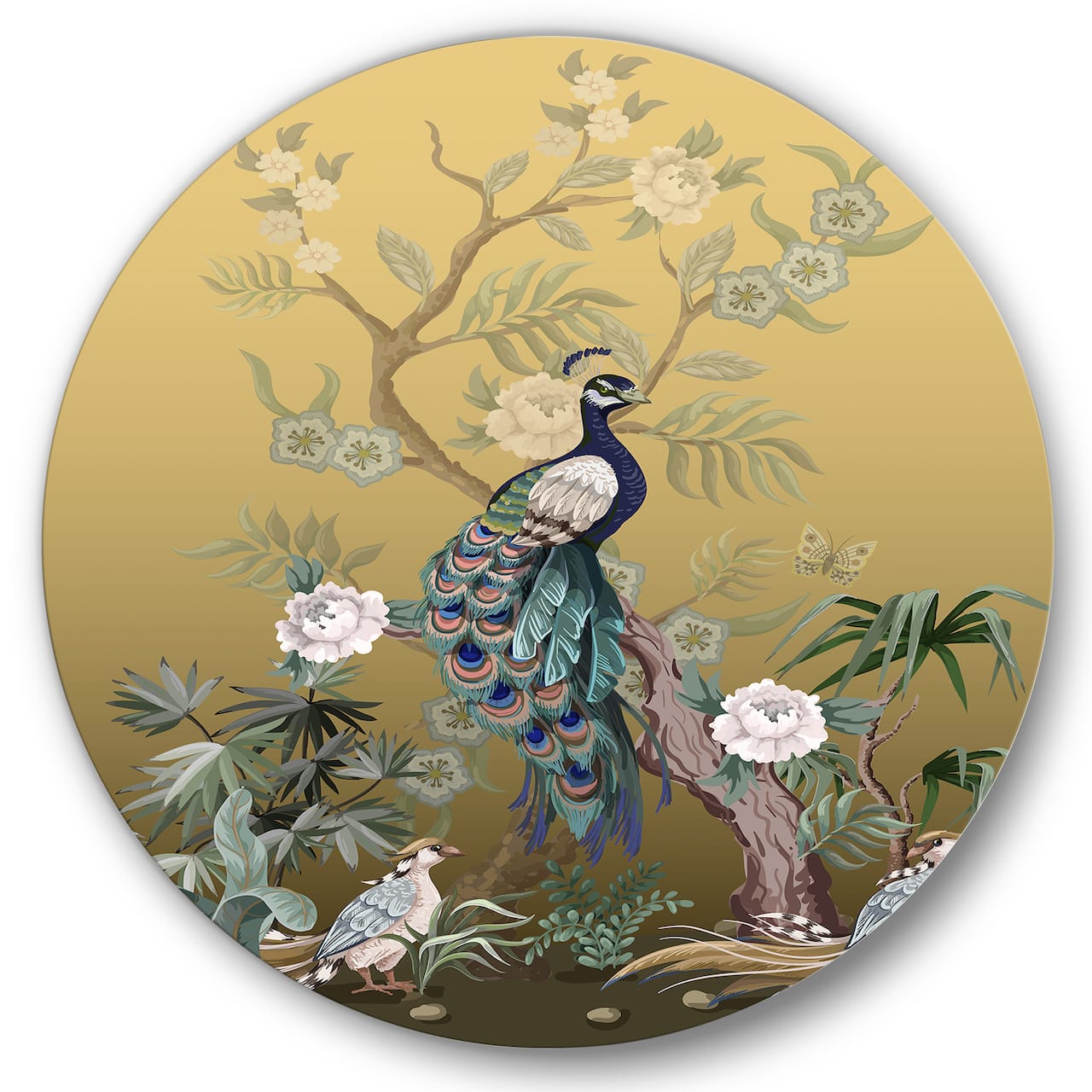 Designart - Chinoiserie With Birds and Peonies VI - Traditional Metal Circle Wall Art